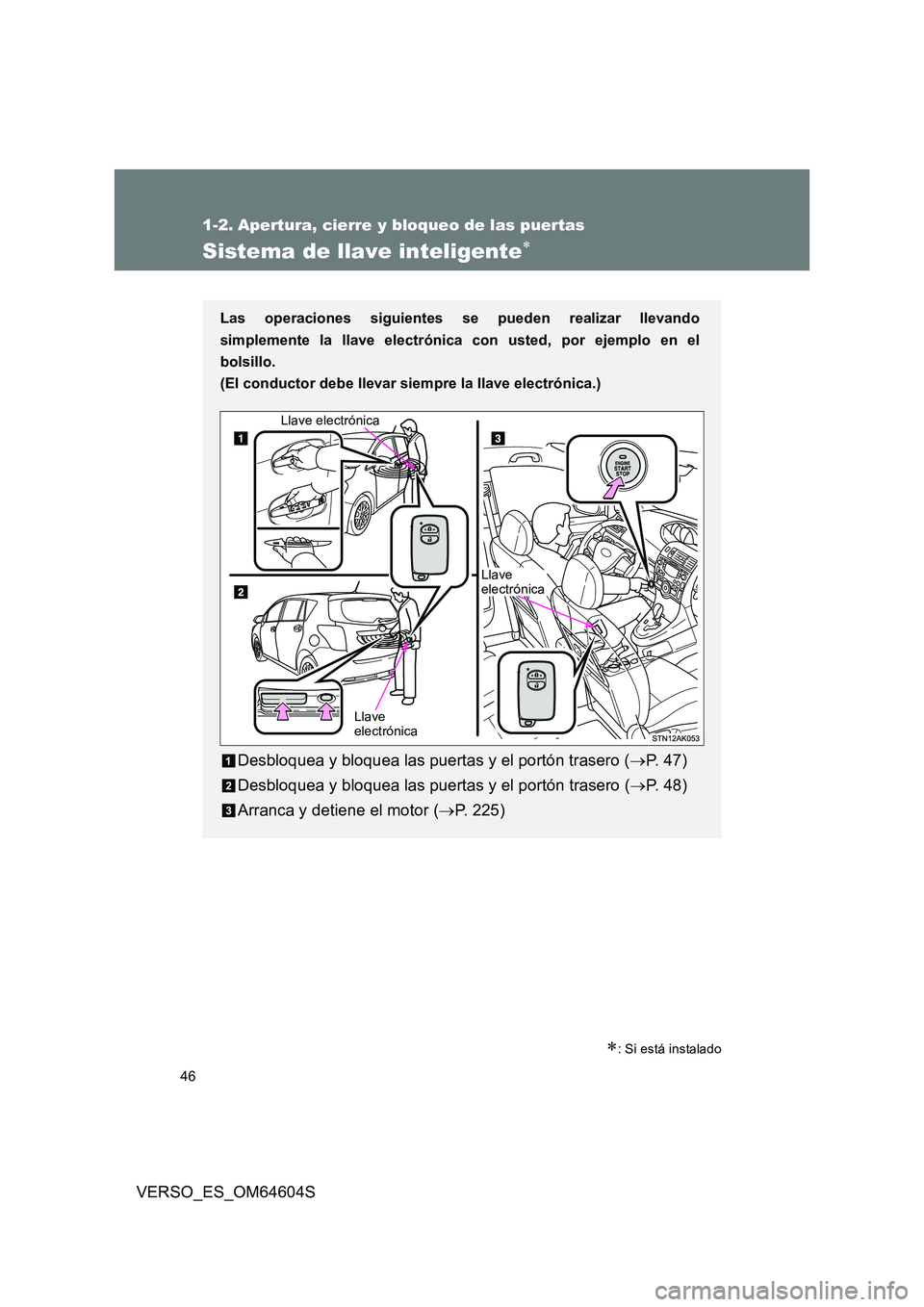 TOYOTA VERSO 2017  Manual del propietario (in Spanish) 46
VERSO_ES_OM64604S
1-2. Apertura, cierre y bloqueo de las puertas
Sistema de llave inteligente
: Si está instalado
Las operaciones siguientes se pueden realizar llevando 
simplemente la llave