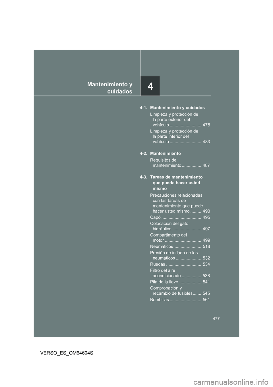 TOYOTA VERSO 2017 Manual del propietario (in Spanish) 4Mantenimiento y
cuidados
477
VERSO_ES_OM64604S
4-1. Mantenimiento y cuidados
Limpieza y protección de
la parte exterior del
vehículo .......................... 478
Limpieza y protección de TOYOTA VERSO 2017 Manual del propietario (in Spanish) 4Mantenimiento y
cuidados
477
VERSO_ES_OM64604S
4-1. Mantenimiento y cuidados
Limpieza y protección de
la parte exterior del
vehículo .......................... 478
Limpieza y protección de