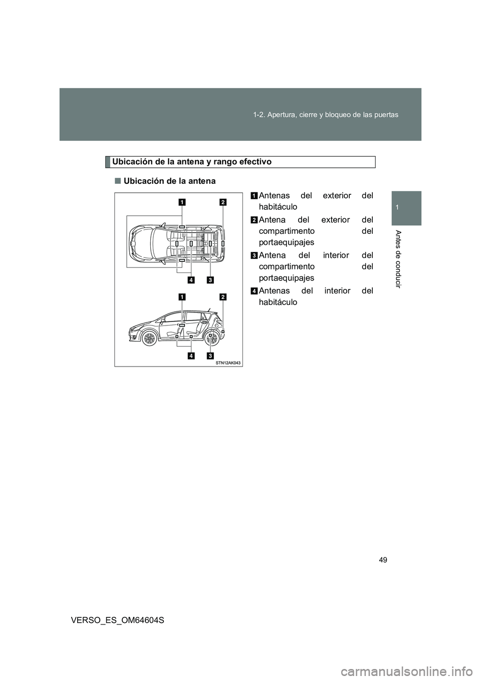 TOYOTA VERSO 2017  Manual del propietario (in Spanish) 49 
1-2. Apertura, cierre y bloqueo de las puertas
1
Antes de conducir
VERSO_ES_OM64604S
Ubicación de la antena y rango efectivo 
■ Ubicación de la antena 
Antenas del exterior del 
habitáculo 
A
