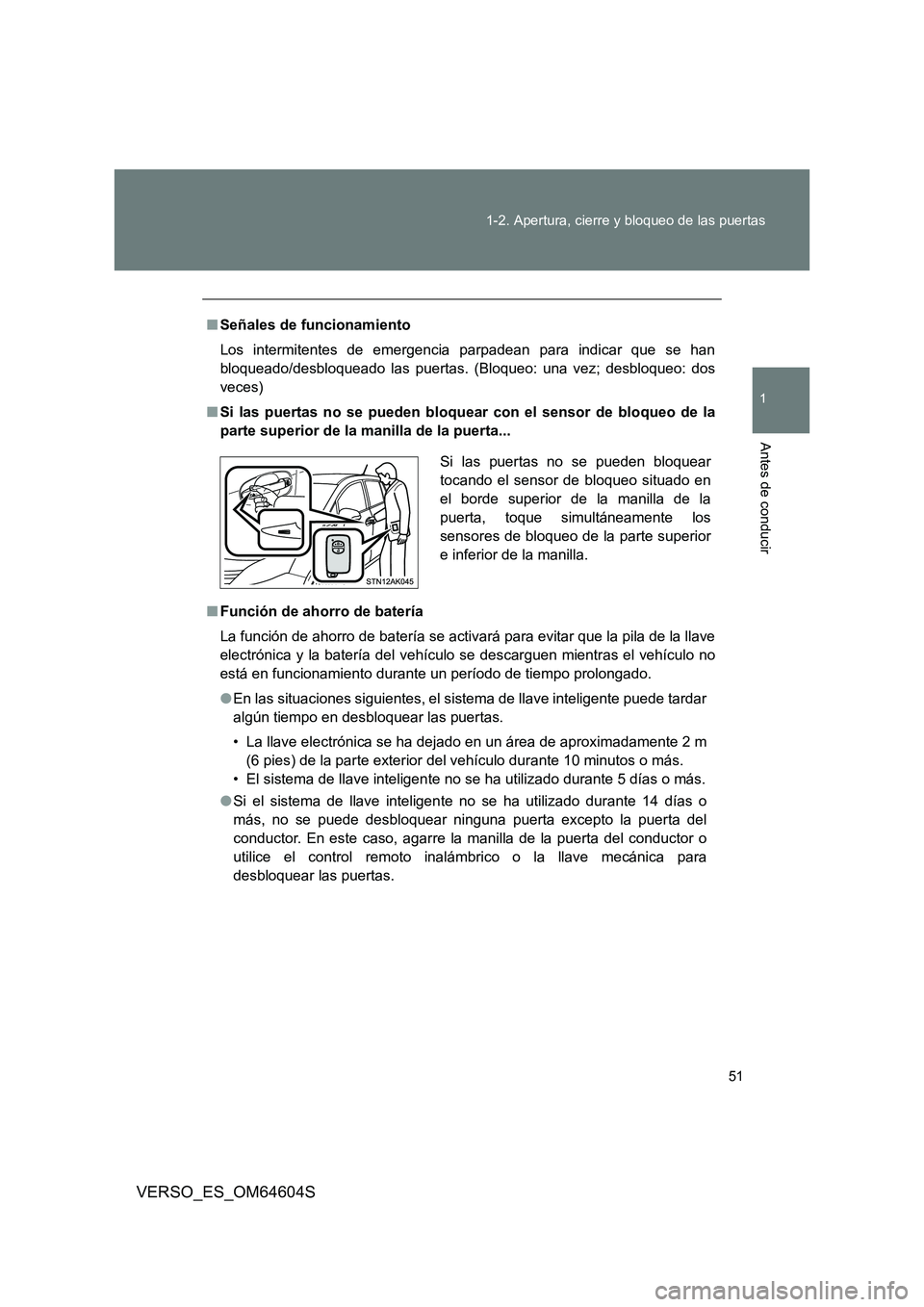 TOYOTA VERSO 2017  Manual del propietario (in Spanish) 51 
1-2. Apertura, cierre y bloqueo de las puertas
1
Antes de conducir
VERSO_ES_OM64604S
■ Señales de funcionamiento 
Los intermitentes de emergencia parpadean para indicar que se han 
bloqueado/de