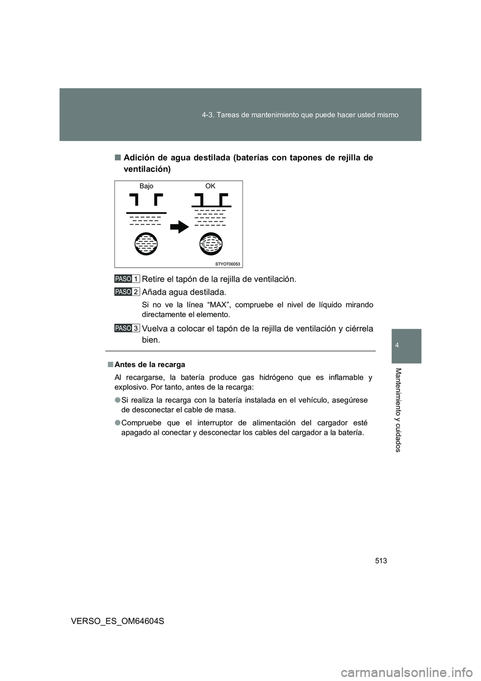 TOYOTA VERSO 2017 Manual del propietario (in Spanish) 513
4-3. Tareas de mantenimiento que puede hacer usted mismo
4
Mantenimiento y cuidados
VERSO_ES_OM64604S
■ Adición de agua destilada (baterías con tapones de rejilla de
ventilación)
Retire e TOYOTA VERSO 2017 Manual del propietario (in Spanish) 513
4-3. Tareas de mantenimiento que puede hacer usted mismo
4
Mantenimiento y cuidados
VERSO_ES_OM64604S
■ Adición de agua destilada (baterías con tapones de rejilla de
ventilación)
Retire e