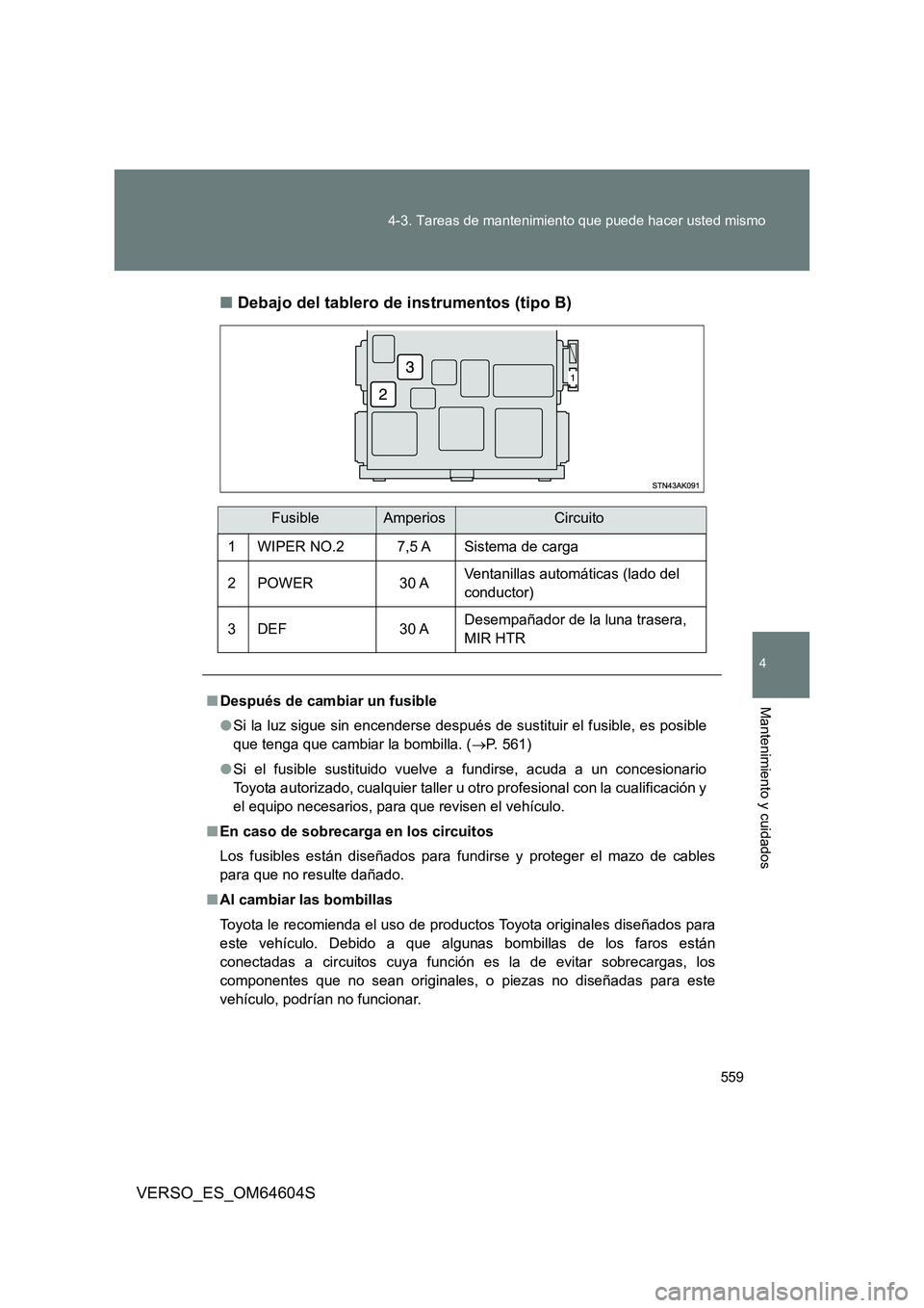 TOYOTA VERSO 2017 Manual del propietario (in Spanish) 559
4-3. Tareas de mantenimiento que puede hacer usted mismo
4
Mantenimiento y cuidados
VERSO_ES_OM64604S
■ Debajo del tablero de instrumentos (tipo B)
FusibleAmperiosCircuito
1 WIPER NO.2 7,5 A TOYOTA VERSO 2017 Manual del propietario (in Spanish) 559
4-3. Tareas de mantenimiento que puede hacer usted mismo
4
Mantenimiento y cuidados
VERSO_ES_OM64604S
■ Debajo del tablero de instrumentos (tipo B)
FusibleAmperiosCircuito
1 WIPER NO.2 7,5 A