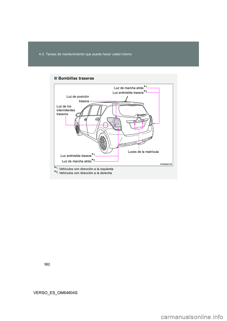 TOYOTA VERSO 2017  Manual del propietario (in Spanish) 562 
4-3. Tareas de mantenimiento que puede hacer usted mismo
VERSO_ES_OM64604S
■ Bombillas traseras
*1: Vehículos con dirección a la izquierda 
*2: Vehículos con dirección a la derecha
Luz de p