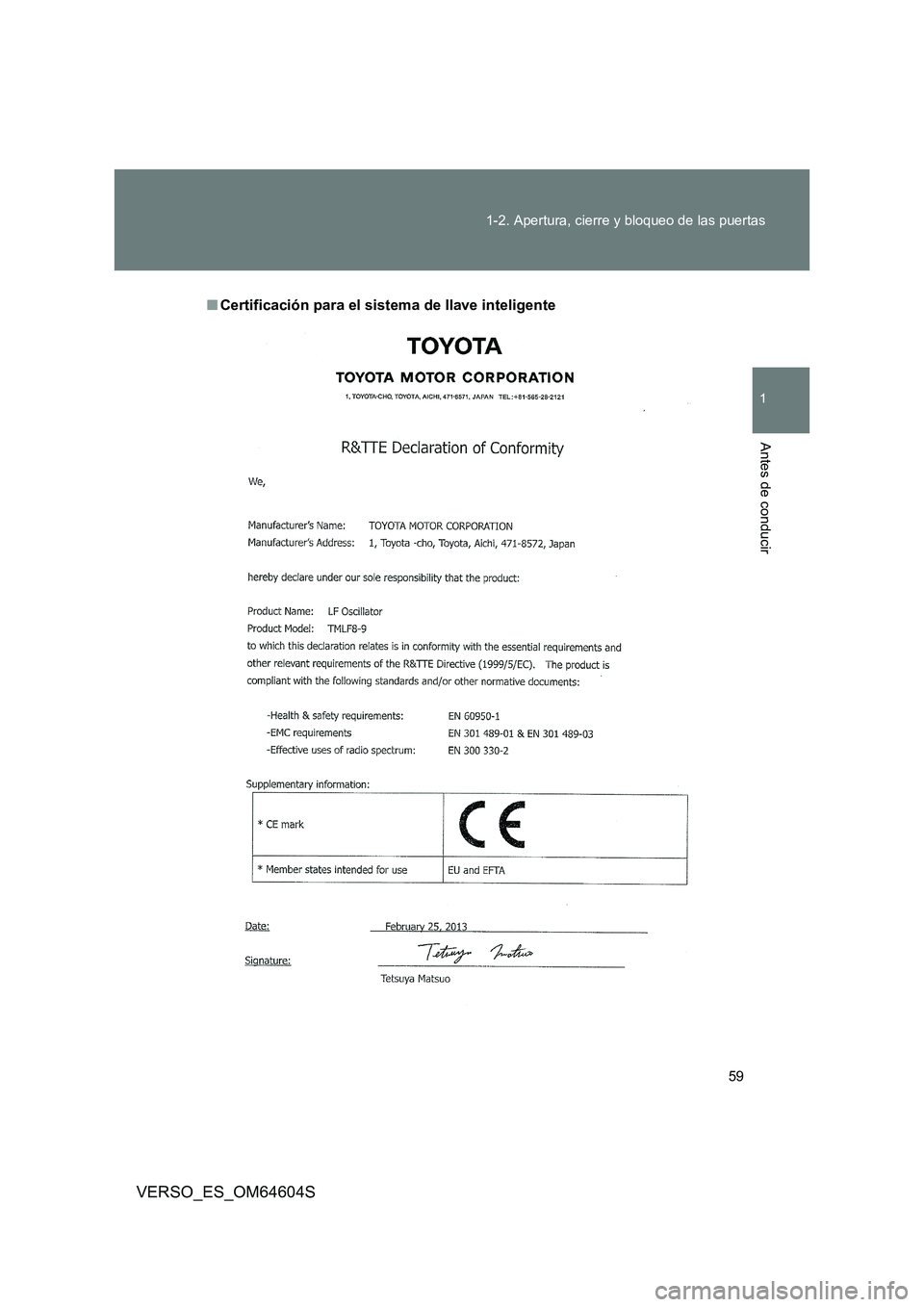 TOYOTA VERSO 2017  Manual del propietario (in Spanish) 59 
1-2. Apertura, cierre y bloqueo de las puertas
1
Antes de conducir
VERSO_ES_OM64604S
■ Certificación para el sistema de llave inteligente 