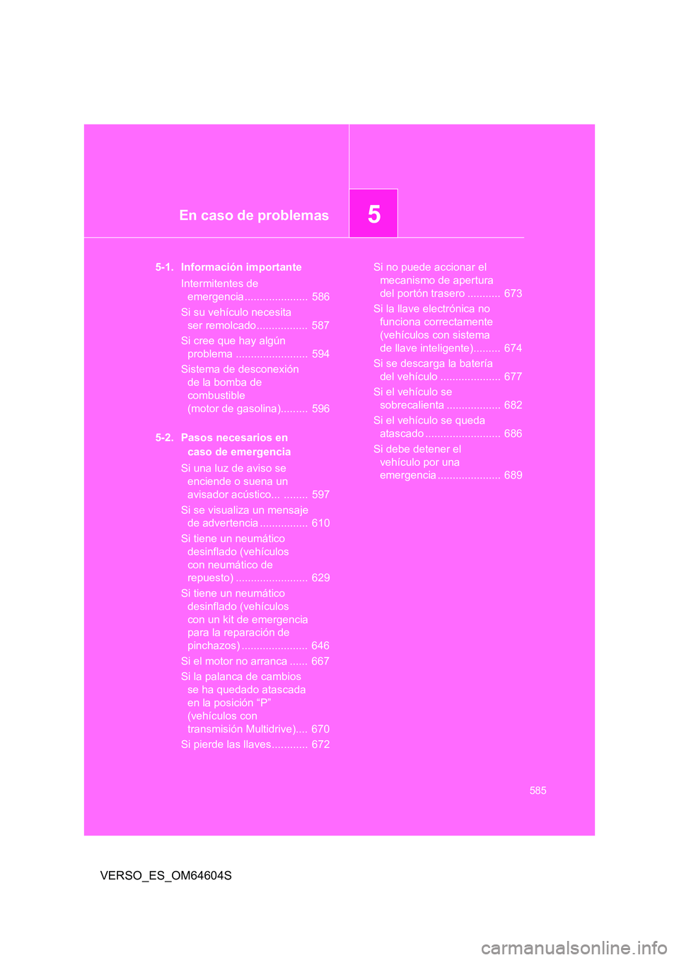 TOYOTA VERSO 2017 Manual del propietario (in Spanish) 5En caso de problemas
585
VERSO_ES_OM64604S
5-1. Información importante
Intermitentes de
emergencia ..................... 586
Si su vehículo necesita
ser remolcado ................. 587
Si TOYOTA VERSO 2017 Manual del propietario (in Spanish) 5En caso de problemas
585
VERSO_ES_OM64604S
5-1. Información importante
Intermitentes de
emergencia ..................... 586
Si su vehículo necesita
ser remolcado ................. 587
Si