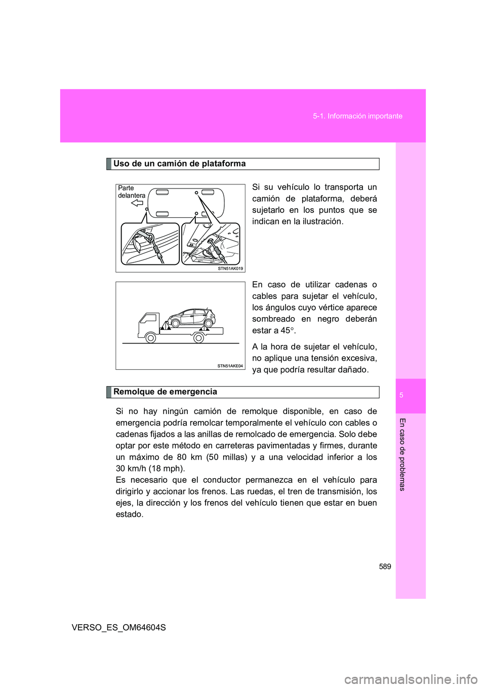 TOYOTA VERSO 2017 Manual del propietario (in Spanish) 5
589
5-1. Información importante
En caso de problemas
VERSO_ES_OM64604S
Uso de un camión de plataforma
Si su vehículo lo transporta un
camión de plataforma, deberá
sujetarlo en los puntos que TOYOTA VERSO 2017 Manual del propietario (in Spanish) 5
589
5-1. Información importante
En caso de problemas
VERSO_ES_OM64604S
Uso de un camión de plataforma
Si su vehículo lo transporta un
camión de plataforma, deberá
sujetarlo en los puntos que