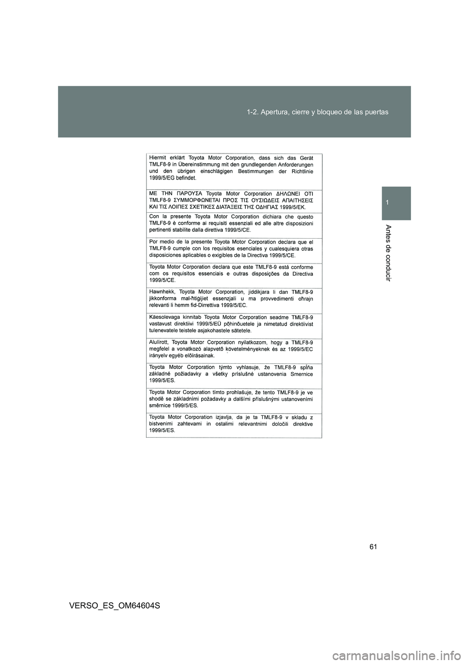 TOYOTA VERSO 2017  Manual del propietario (in Spanish) 61 
1-2. Apertura, cierre y bloqueo de las puertas
1
Antes de conducir
VERSO_ES_OM64604S 