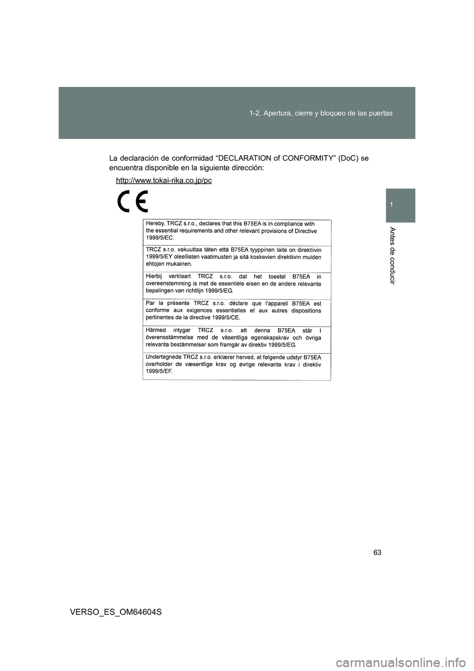 TOYOTA VERSO 2017  Manual del propietario (in Spanish) 63 
1-2. Apertura, cierre y bloqueo de las puertas
1
Antes de conducir
VERSO_ES_OM64604S
La declaración de conformidad “DECLARATION of CONFORMITY” (DoC) se 
encuentra disponible en la siguiente d