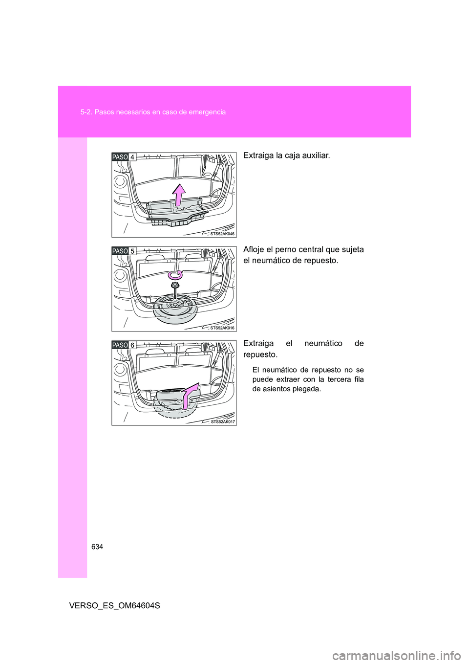 TOYOTA VERSO 2017  Manual del propietario (in Spanish) 634 
5-2. Pasos necesarios en caso de emergencia
VERSO_ES_OM64604S 
Extraiga la caja auxiliar. 
Afloje el perno central que sujeta 
el neumático de repuesto. 
Extraiga el neumático de 
repuesto.
El 