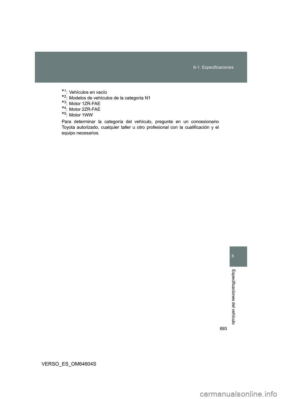 TOYOTA VERSO 2017  Manual del propietario (in Spanish) 693 
6-1. Especificaciones
6
VERSO_ES_OM64604S
Especificaciones del vehículo
*1: Vehículos en vacío
*2: Modelos de vehículos de la categoría N1
*3: Motor 1ZR-FAE
*4: Motor 2ZR-FAE
*5: Motor 1WW 
