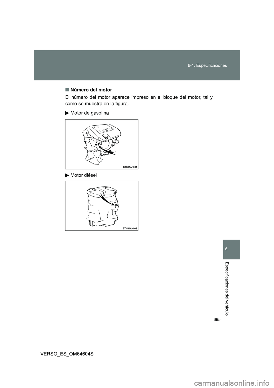 TOYOTA VERSO 2017  Manual del propietario (in Spanish) 695 
6-1. Especificaciones
6
VERSO_ES_OM64604S
Especificaciones del vehículo
■ Número del motor 
El número del motor aparece impreso en el bloque del motor, tal y 
como se muestra en la figura. 
