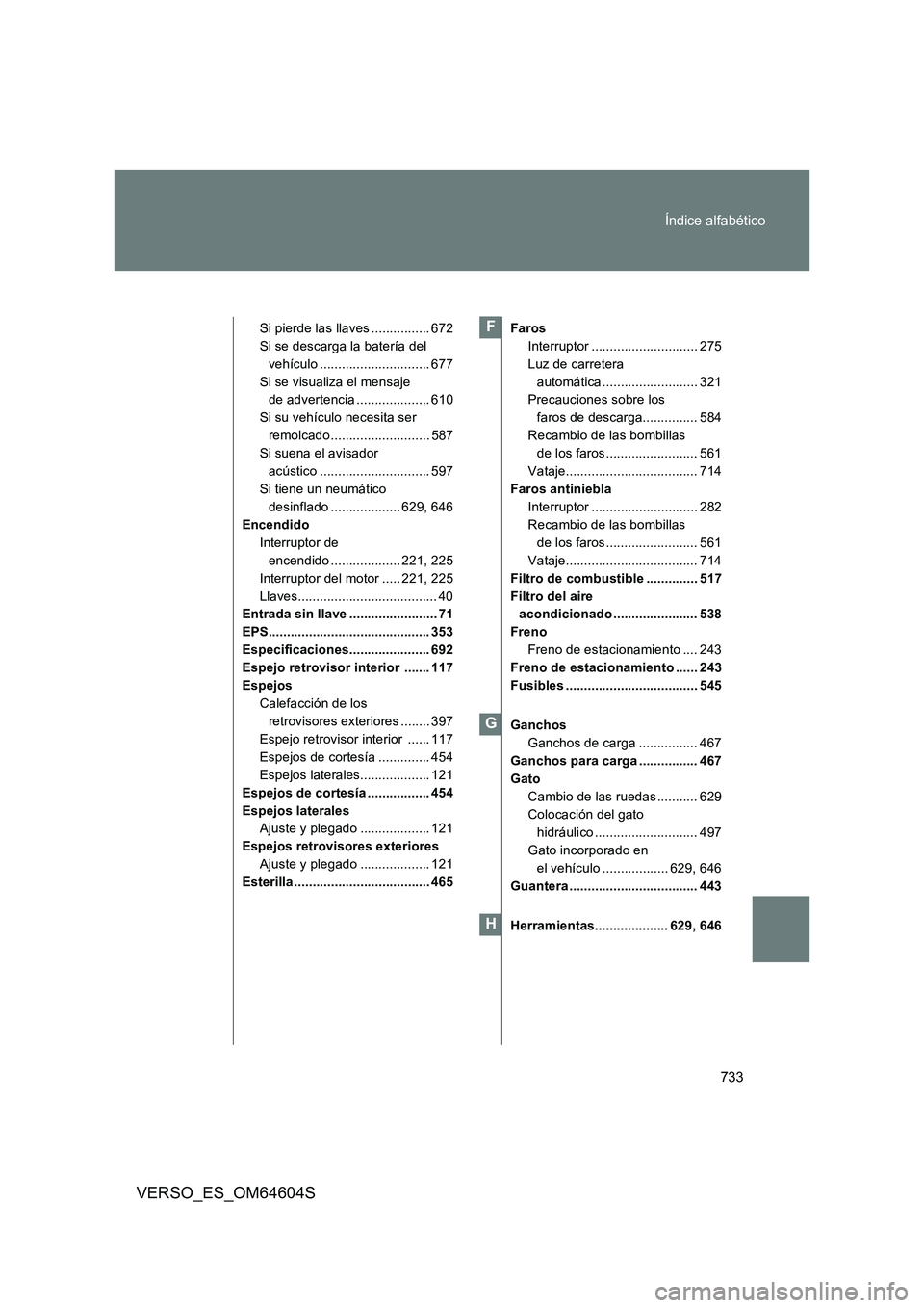 TOYOTA VERSO 2017  Manual del propietario (in Spanish) 733 
Índice alfabético
VERSO_ES_OM64604S
Si pierde las llaves ................ 672 
Si se descarga la batería del 
vehículo .............................. 677
Si se visualiza el mensaje  
de adver
