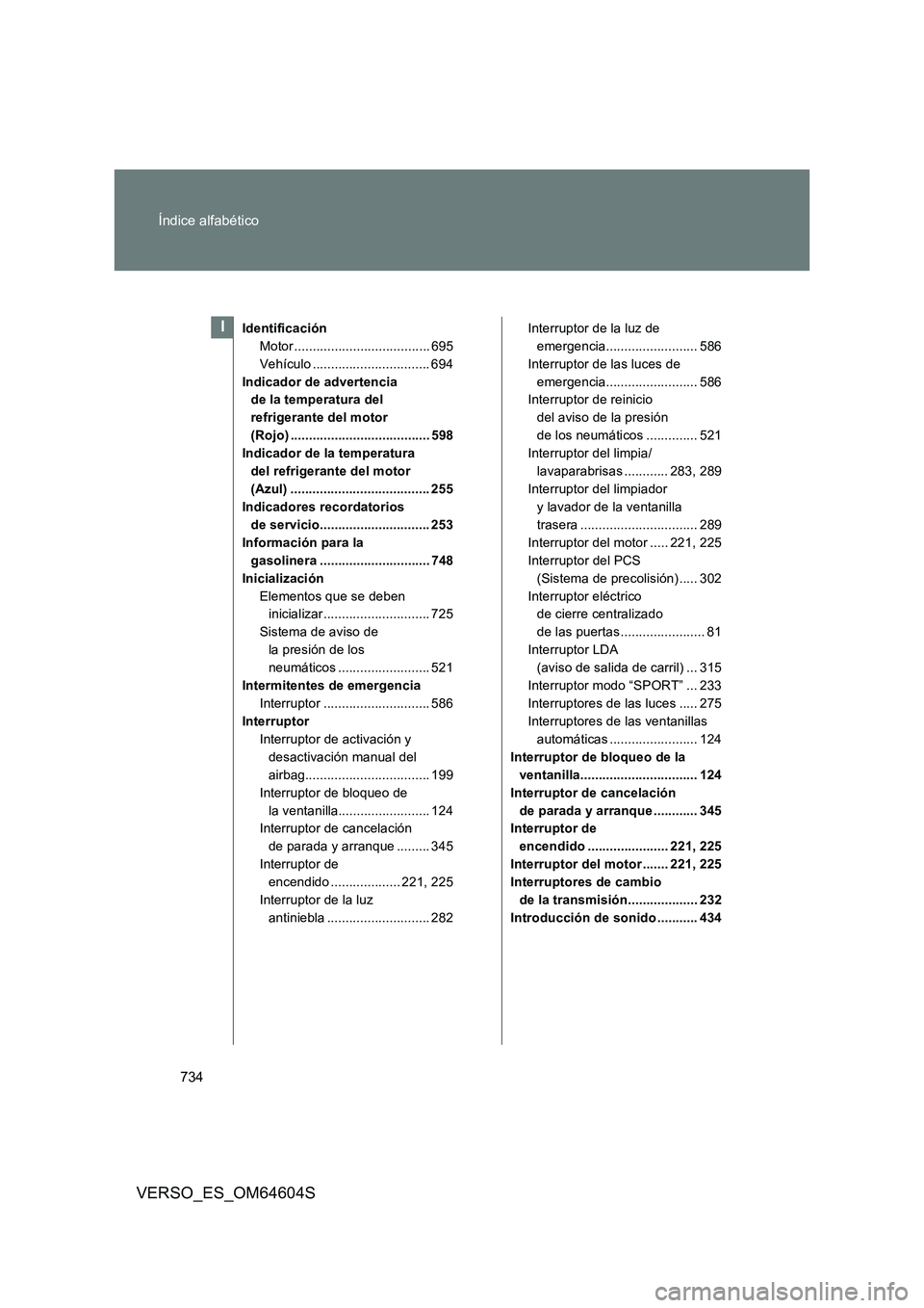 TOYOTA VERSO 2017  Manual del propietario (in Spanish) 734 
Índice alfabético
VERSO_ES_OM64604S
Identificación 
Motor ..................................... 695
Vehículo ................................ 694
Indicador de advertencia  
de la temperatura 
