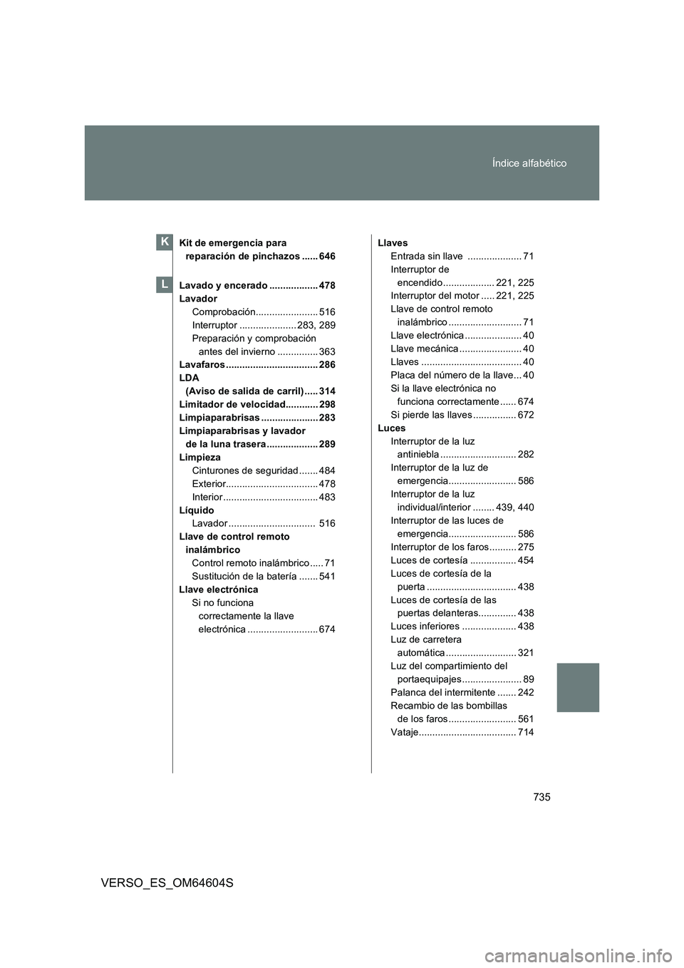 TOYOTA VERSO 2017  Manual del propietario (in Spanish) 735 
Índice alfabético
VERSO_ES_OM64604S
Kit de emergencia para  
reparación de pinchazos ...... 646 
Lavado y encerado .................. 478 
Lavador
Comprobación....................... 516
Inte