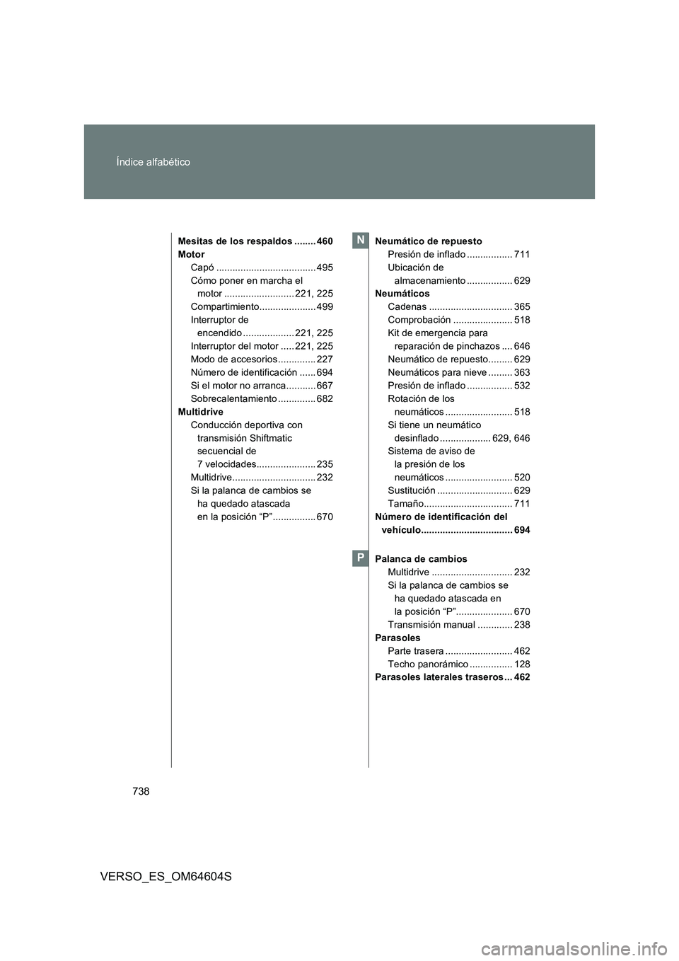 TOYOTA VERSO 2017  Manual del propietario (in Spanish) 738 
Índice alfabético
VERSO_ES_OM64604S
Mesitas de los respaldos ........ 460 
Motor
Capó ..................................... 495
Cómo poner en marcha el  
motor .......................... 221,