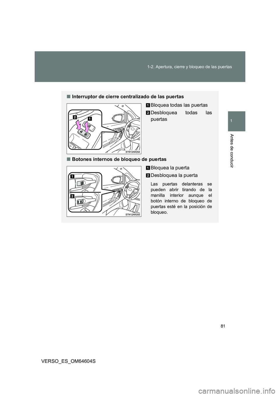 TOYOTA VERSO 2017 Manual del propietario (in Spanish) 81
1-2. Apertura, cierre y bloqueo de las puertas
1
Antes de conducir
VERSO_ES_OM64604S
■ Interruptor de cierre centralizado de las puertas
Bloquea todas las puertas
Desbloquea todas las
puertas TOYOTA VERSO 2017 Manual del propietario (in Spanish) 81
1-2. Apertura, cierre y bloqueo de las puertas
1
Antes de conducir
VERSO_ES_OM64604S
■ Interruptor de cierre centralizado de las puertas
Bloquea todas las puertas
Desbloquea todas las
puertas