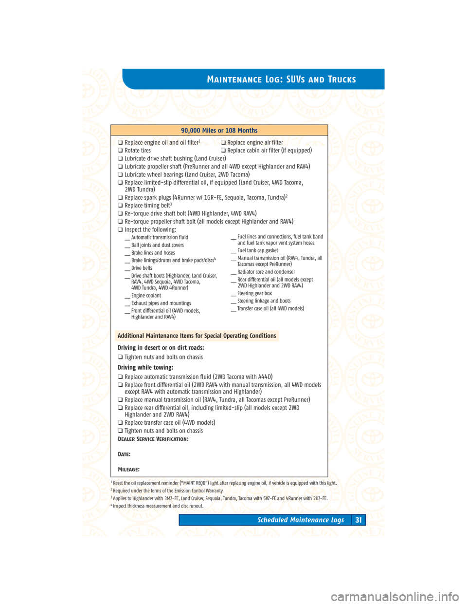 TOYOTA 4RUNNER 2004 N210 / 4.G Scheduled Maintenance Guide 5,000-Mile Maintenance Intervals
7,500-Mile Maintenance IntervalsTo determine the appropriate maintenance
interval for your vehicle, see page 16.
Dealer Service Verification:
Date:
Mileage:
Dealer Ser TOYOTA 4RUNNER 2004 N210 / 4.G Scheduled Maintenance Guide 5,000-Mile Maintenance Intervals
7,500-Mile Maintenance IntervalsTo determine the appropriate maintenance
interval for your vehicle, see page 16.
Dealer Service Verification:
Date:
Mileage:
Dealer Ser