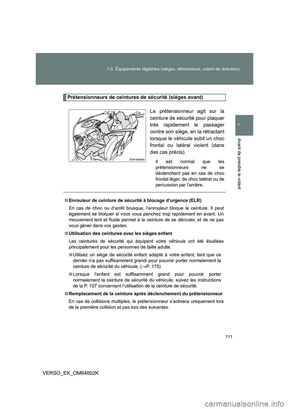 TOYOTA VERSO 2017  Manuel du propriétaire (in French) 111 
1-3. Équipements réglables (sièges, rétroviseurs, volant de direction)
1
Avant de prendre le volant
VERSO_EK_OM64602K
Prétensionneurs de ceintures de sécurité (sièges avant) 
Le prétensi
