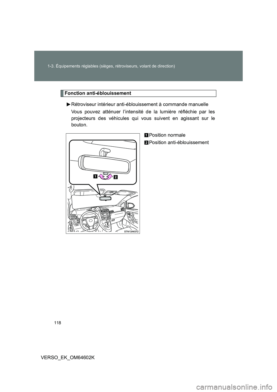 TOYOTA VERSO 2017  Manuel du propriétaire (in French) 118 
1-3. Équipements réglables (sièges, rétroviseurs, volant de direction)
VERSO_EK_OM64602K
Fonction anti-éblouissement 
Rétroviseur intérieur anti-éblouissement à commande manuelle 
Vous p