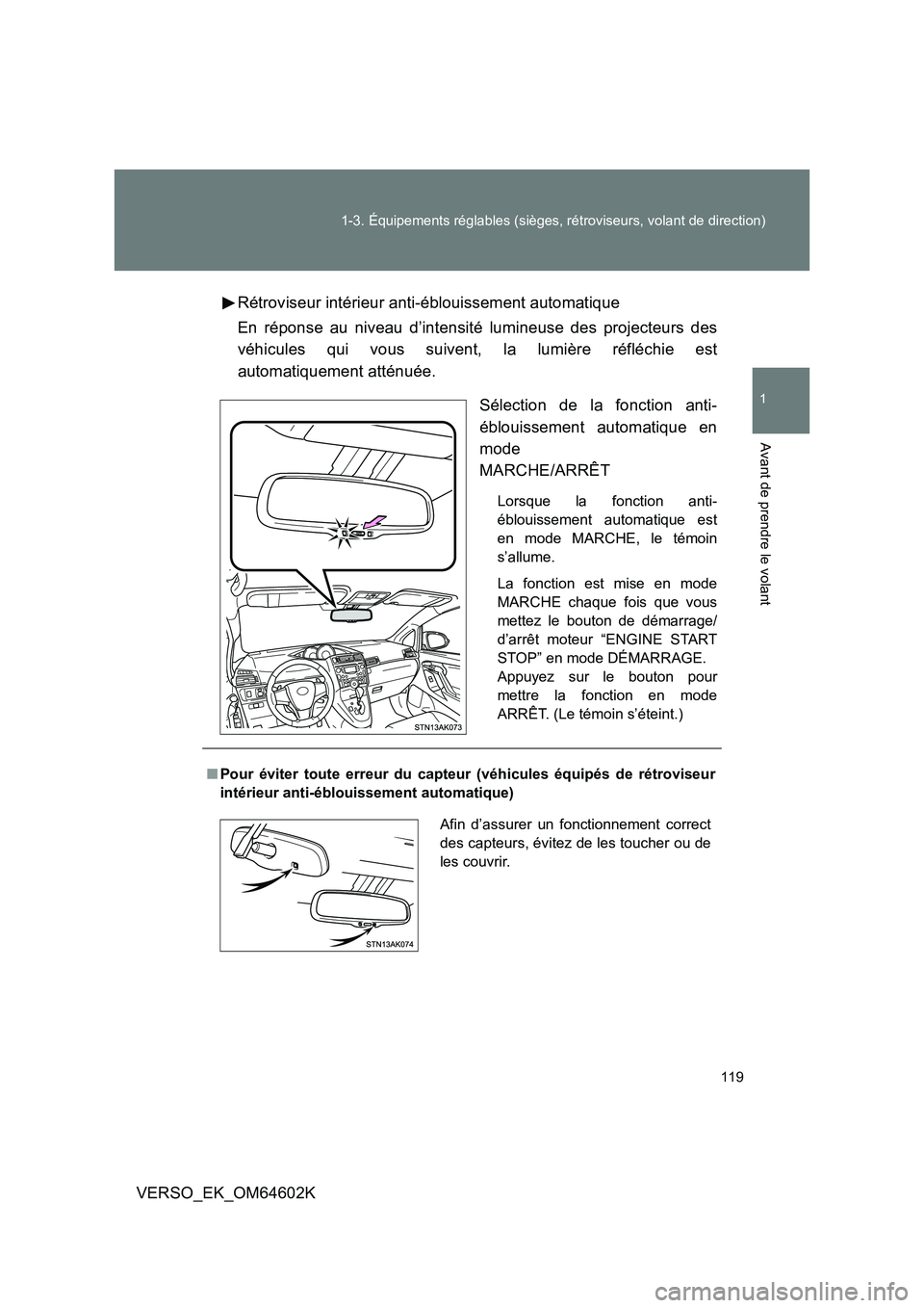 TOYOTA VERSO 2017  Manuel du propriétaire (in French) 119 
1-3. Équipements réglables (sièges, rétroviseurs, volant de direction)
1
Avant de prendre le volant
VERSO_EK_OM64602K 
Rétroviseur intérieur anti-éblouissement automatique 
En réponse au 