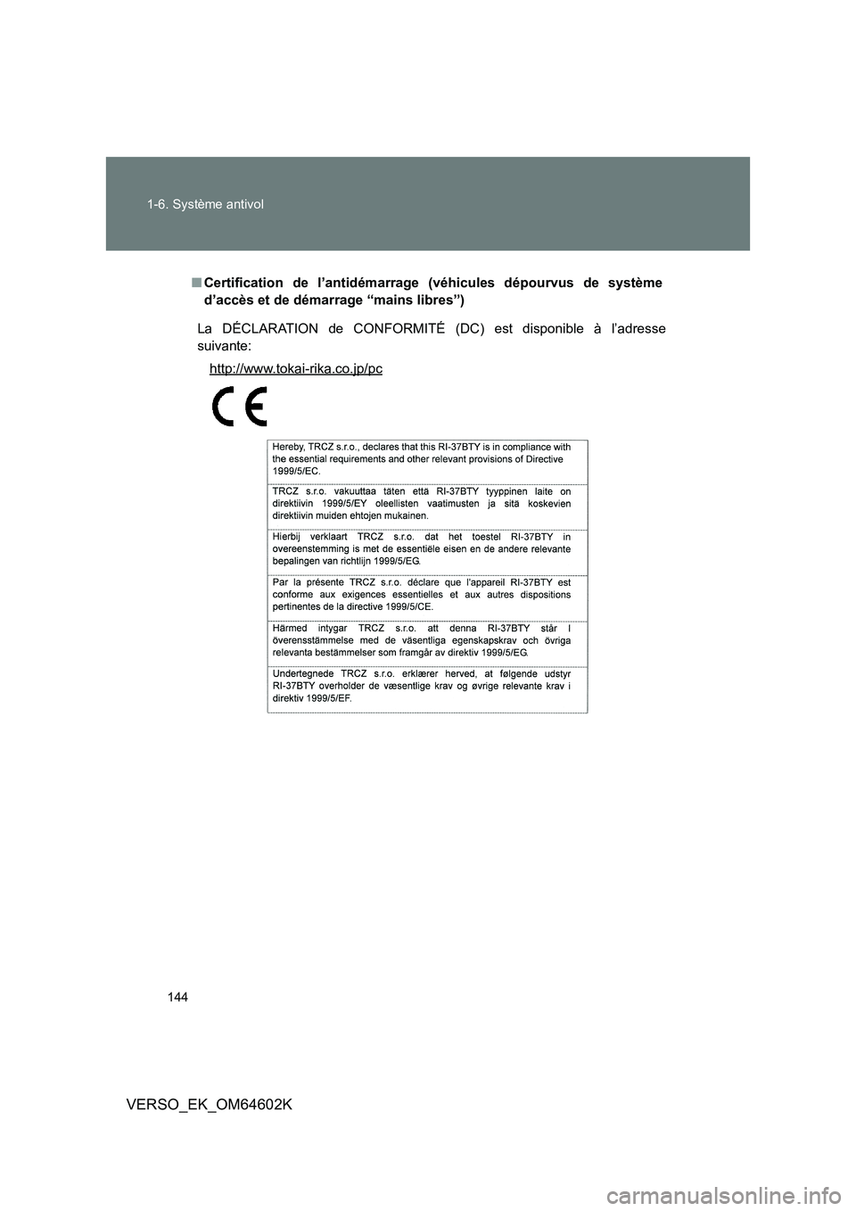 TOYOTA VERSO 2017  Manuel du propriétaire (in French) 144 
1-6. Système antivol
VERSO_EK_OM64602K
■ Certification de l’antidémarrage (véhicules dépourvus de système 
d’accès et de démarrage “mains libres”)
La DÉCLARATION de CONFORMITÉ 