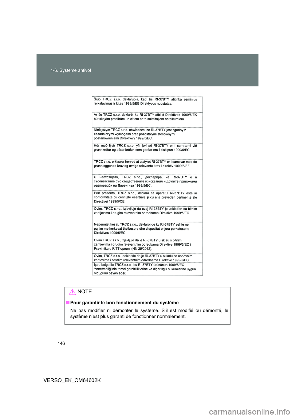 TOYOTA VERSO 2017  Manuel du propriétaire (in French) 146 
1-6. Système antivol
VERSO_EK_OM64602K
NOTE
■ Pour garantir le bon fonctionnement du système 
Ne pas modifier ni démonter le syst ème. S’il est modifié ou démonté, le 
système n’est