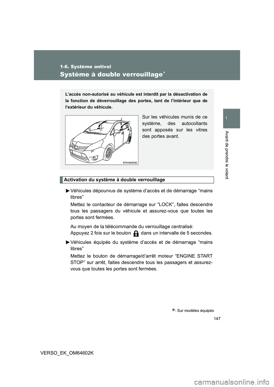 TOYOTA VERSO 2017 Manuel du propriétaire (in French) 147
1
1-6. Système antivol
Avant de prendre le volant
VERSO_EK_OM64602K
Système à double verrouillage
Activation du système à double verrouillage
Véhicules dépourvus de système d’accès TOYOTA VERSO 2017 Manuel du propriétaire (in French) 147
1
1-6. Système antivol
Avant de prendre le volant
VERSO_EK_OM64602K
Système à double verrouillage
Activation du système à double verrouillage
Véhicules dépourvus de système d’accès