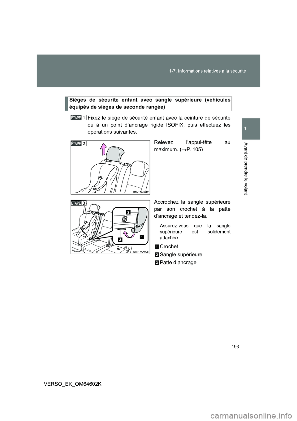 TOYOTA VERSO 2017 Manuel du propriétaire (in French) 193
1-7. Informations relatives à la sécurité
1
Avant de prendre le volant
VERSO_EK_OM64602K
Sièges de sécurité enfant avec sangle supérieure (véhicules
équipés de sièges de seconde rang TOYOTA VERSO 2017 Manuel du propriétaire (in French) 193
1-7. Informations relatives à la sécurité
1
Avant de prendre le volant
VERSO_EK_OM64602K
Sièges de sécurité enfant avec sangle supérieure (véhicules
équipés de sièges de seconde rang