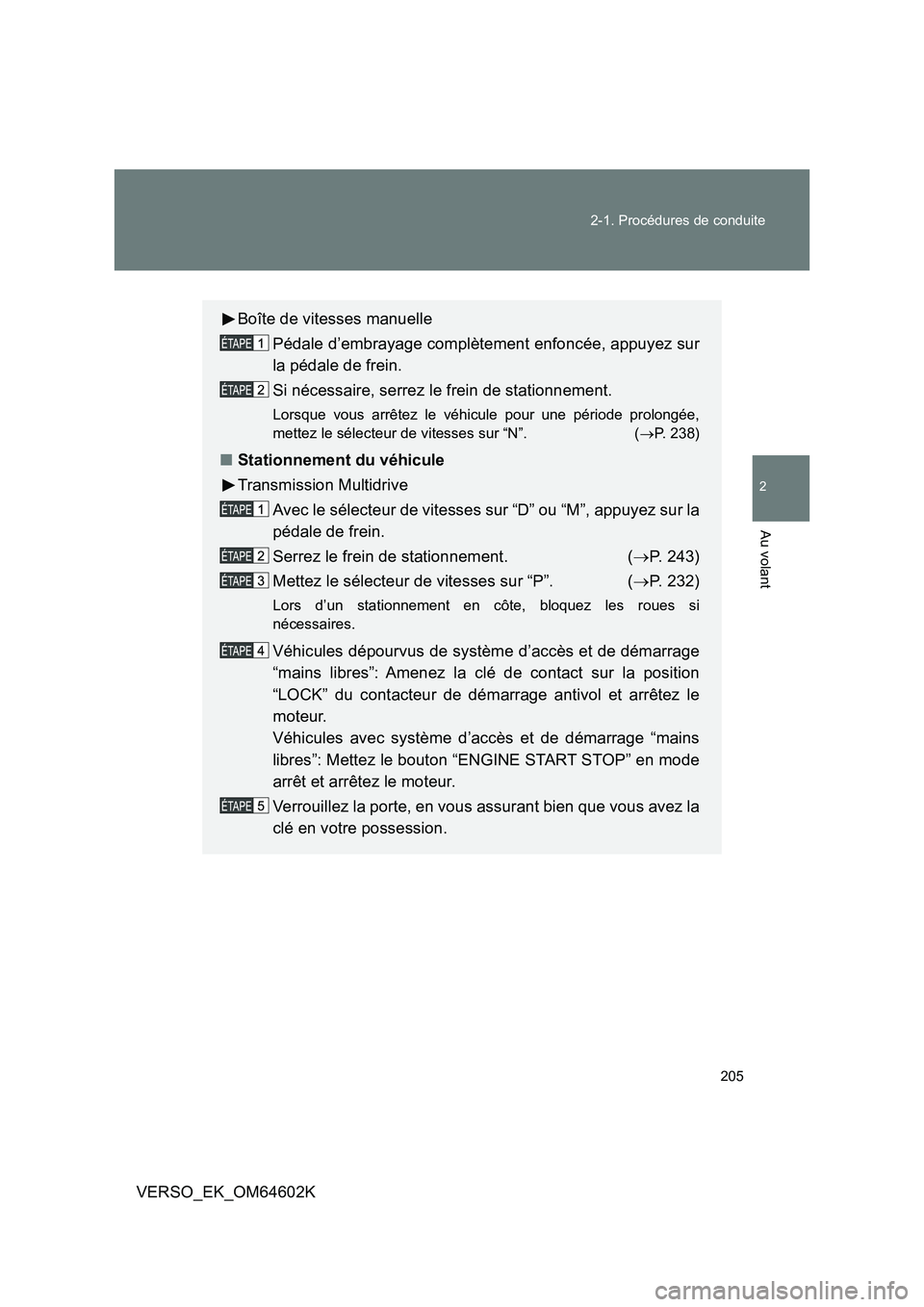 TOYOTA VERSO 2017 Manuel du propriétaire (in French) 205
2-1. Procédures de conduite
2
Au volant
VERSO_EK_OM64602K
Boîte de vitesses manuelle
Pédale d’embrayage complètement enfoncée, appuyez sur
la pédale de frein.
Si nécessaire, serrez le TOYOTA VERSO 2017 Manuel du propriétaire (in French) 205
2-1. Procédures de conduite
2
Au volant
VERSO_EK_OM64602K
Boîte de vitesses manuelle
Pédale d’embrayage complètement enfoncée, appuyez sur
la pédale de frein.
Si nécessaire, serrez le