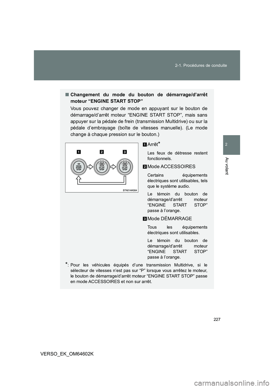TOYOTA VERSO 2017 Manuel du propriétaire (in French) 227
2-1. Procédures de conduite
2
Au volant
VERSO_EK_OM64602K
■ Changement du mode du bouton de démarrage/d’arrêt
moteur “ENGINE START STOP”
Vous pouvez changer de mode en appuyant sur l TOYOTA VERSO 2017 Manuel du propriétaire (in French) 227
2-1. Procédures de conduite
2
Au volant
VERSO_EK_OM64602K
■ Changement du mode du bouton de démarrage/d’arrêt
moteur “ENGINE START STOP”
Vous pouvez changer de mode en appuyant sur l