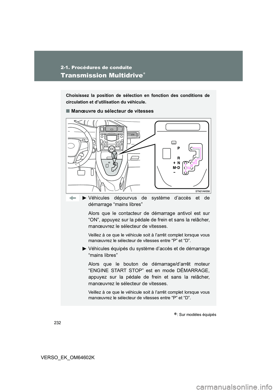 TOYOTA VERSO 2017  Manuel du propriétaire (in French) 232
2-1. Procédures de conduite
VERSO_EK_OM64602K
Transmission Multidrive
: Sur modèles équipés
Choisissez la position de sélection en fonction des conditions de 
circulation et d’utilisa
