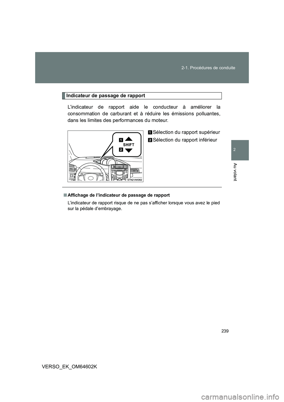 TOYOTA VERSO 2017  Manuel du propriétaire (in French) 239 
2-1. Procédures de conduite
2
Au volant
VERSO_EK_OM64602K
Indicateur de passage de rapport 
L’indicateur de rapport aide le conducteur à améliorer la 
consommation de carburant et à réduir