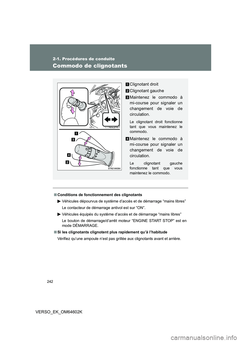 TOYOTA VERSO 2017  Manuel du propriétaire (in French) 242
2-1. Procédures de conduite
VERSO_EK_OM64602K
Commodo de clignotants
■Conditions de fonctionnement des clignotants 
Véhicules dépourvus de système d’accès et de démarrage “mains libres