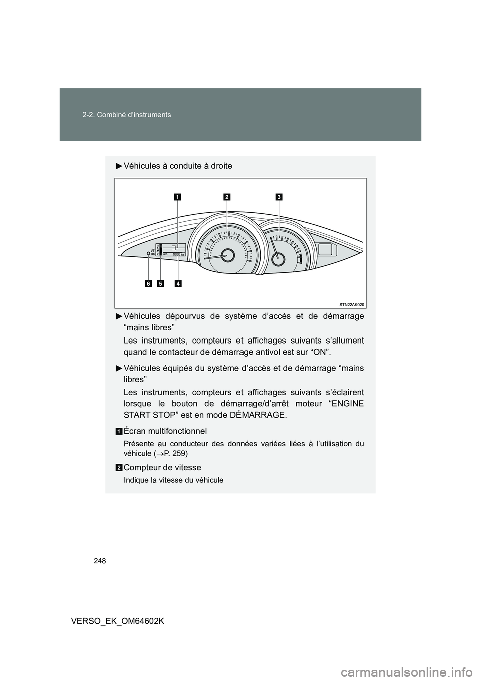 TOYOTA VERSO 2017  Manuel du propriétaire (in French) 248 
2-2. Combiné d’instruments
VERSO_EK_OM64602K
Véhicules à conduite à droite 
Véhicules dépourvus de système d’accès et de démarrage 
“mains libres” 
Les instruments, compteurs et 