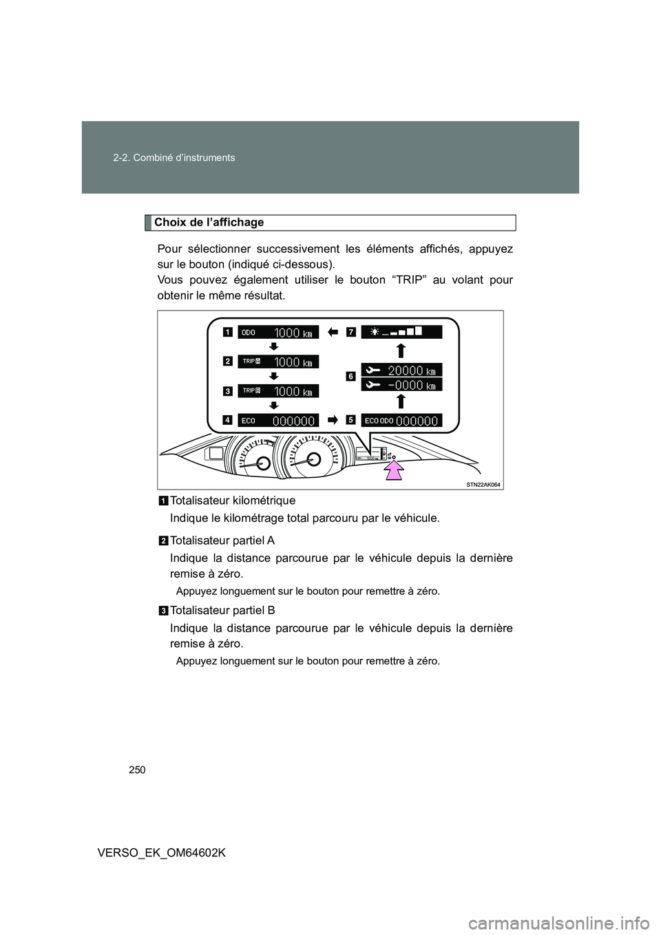 TOYOTA VERSO 2017  Manuel du propriétaire (in French) 250 
2-2. Combiné d’instruments
VERSO_EK_OM64602K
Choix de l’affichage 
Pour sélectionner successivement les éléments affichés, appuyez 
sur le bouton (indiqué ci-dessous).  
Vous pouvez ég