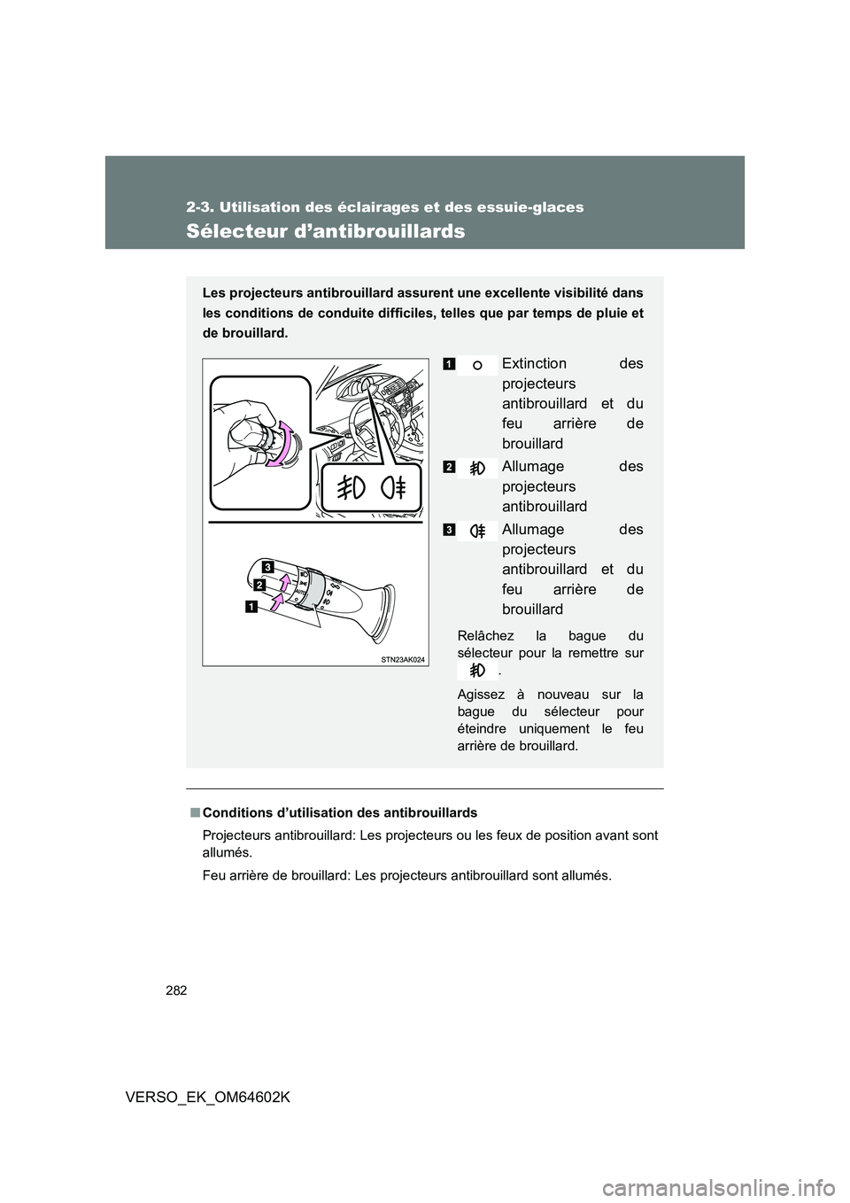 TOYOTA VERSO 2017  Manuel du propriétaire (in French) 282
2-3. Utilisation des éclairages et des essuie-glaces
VERSO_EK_OM64602K
Sélecteur d’antibrouillards
■Conditions d’utilisation des antibrouillards 
Projecteurs antibrouillard: Les projecteur