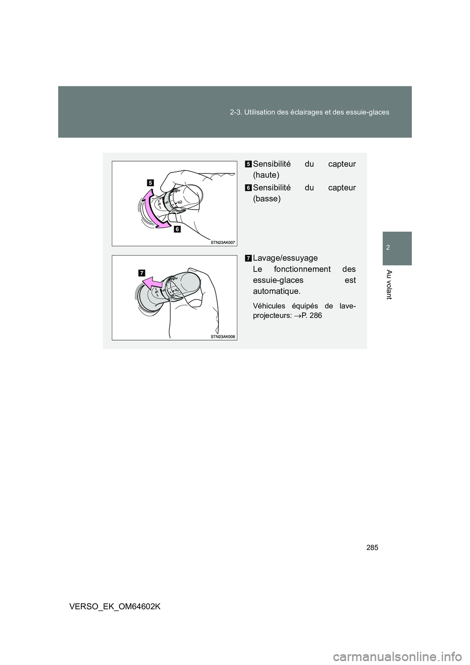 TOYOTA VERSO 2017  Manuel du propriétaire (in French) 285 
2-3. Utilisation des éclairages et des essuie-glaces
2
Au volant
VERSO_EK_OM64602K
Sensibilité du capteur 
(haute) 
Sensibilité du capteur 
(basse) 
Lavage/essuyage  
Le fonctionnement des 
es