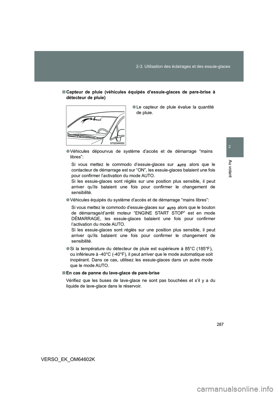 TOYOTA VERSO 2017  Manuel du propriétaire (in French) 287 
2-3. Utilisation des éclairages et des essuie-glaces
2
Au volant
VERSO_EK_OM64602K
■ Capteur de pluie (véhicules équipés d’essuie-glaces de pare-brise à 
détecteur de pluie) 
● Véhic