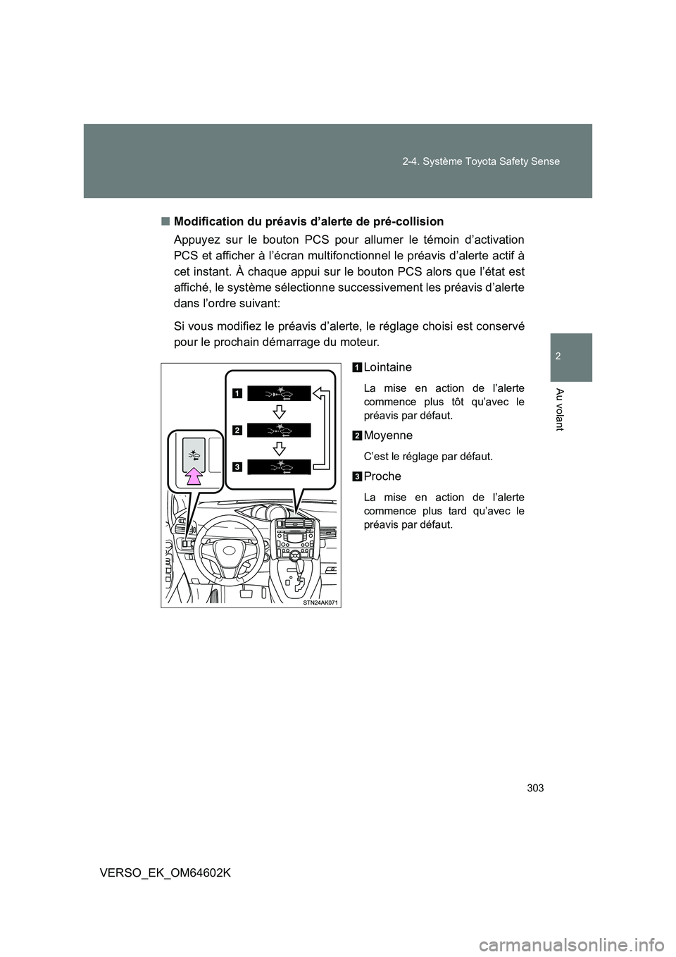 TOYOTA VERSO 2017  Manuel du propriétaire (in French) 303 
2-4. Système Toyota Safety Sense
2
Au volant
VERSO_EK_OM64602K 
■ Modification du préavis d’alerte de pré-collision 
Appuyez sur le bouton PCS pour allumer le témoin d’activation 
PCS e