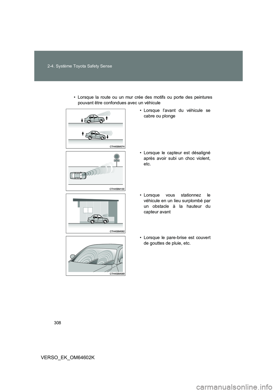 TOYOTA VERSO 2017  Manuel du propriétaire (in French) 308 
2-4. Système Toyota Safety Sense
VERSO_EK_OM64602K
• Lorsque la route ou un mur crée des motifs ou porte des peintures 
pouvant être confondues avec un véhicule
• Lorsque l’avant du vé