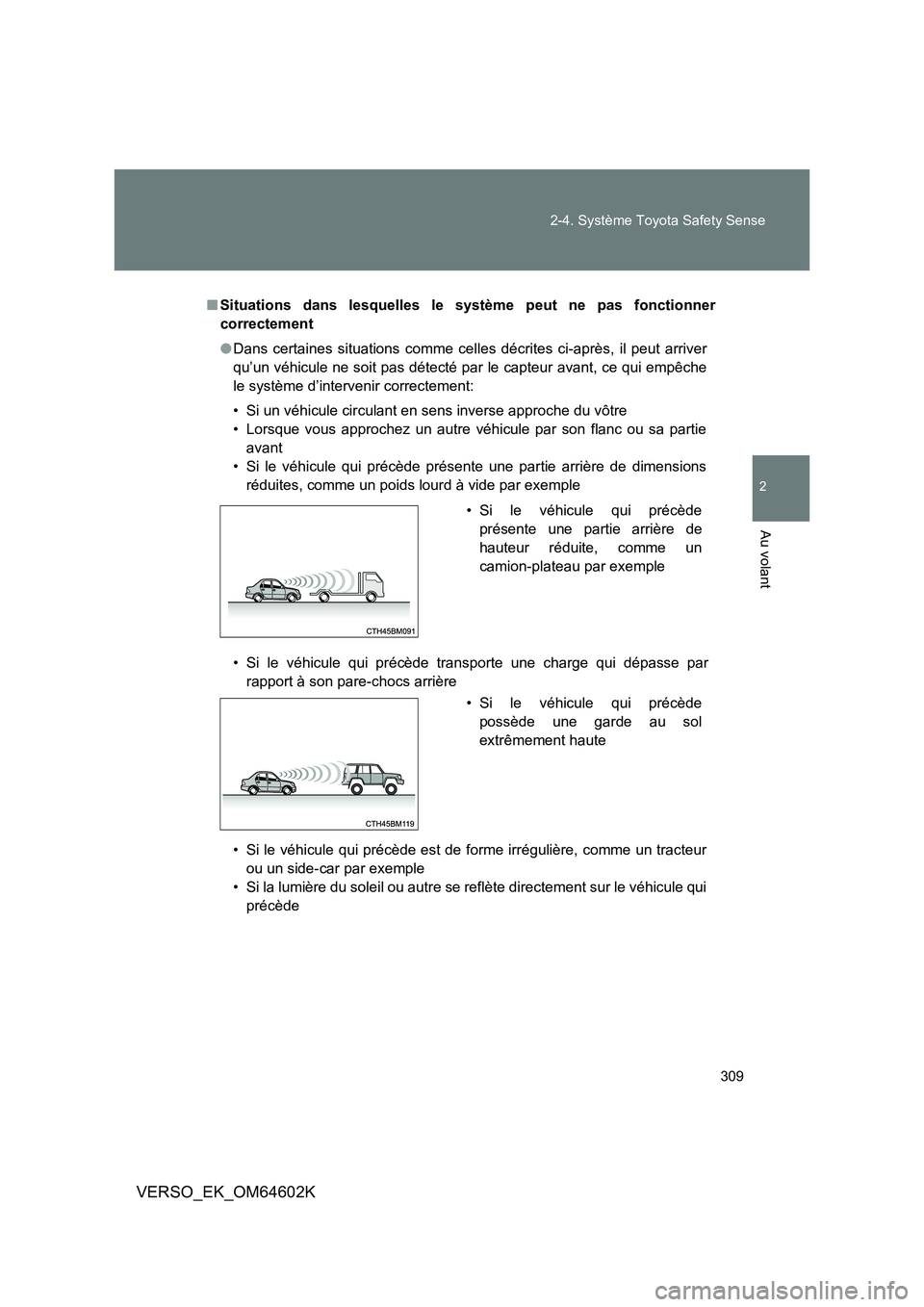 TOYOTA VERSO 2017  Manuel du propriétaire (in French) 309 
2-4. Système Toyota Safety Sense
2
Au volant
VERSO_EK_OM64602K
■ Situations dans lesquelles le système peut ne pas fonctionner 
correctement 
● Dans certaines situations comme celles décri