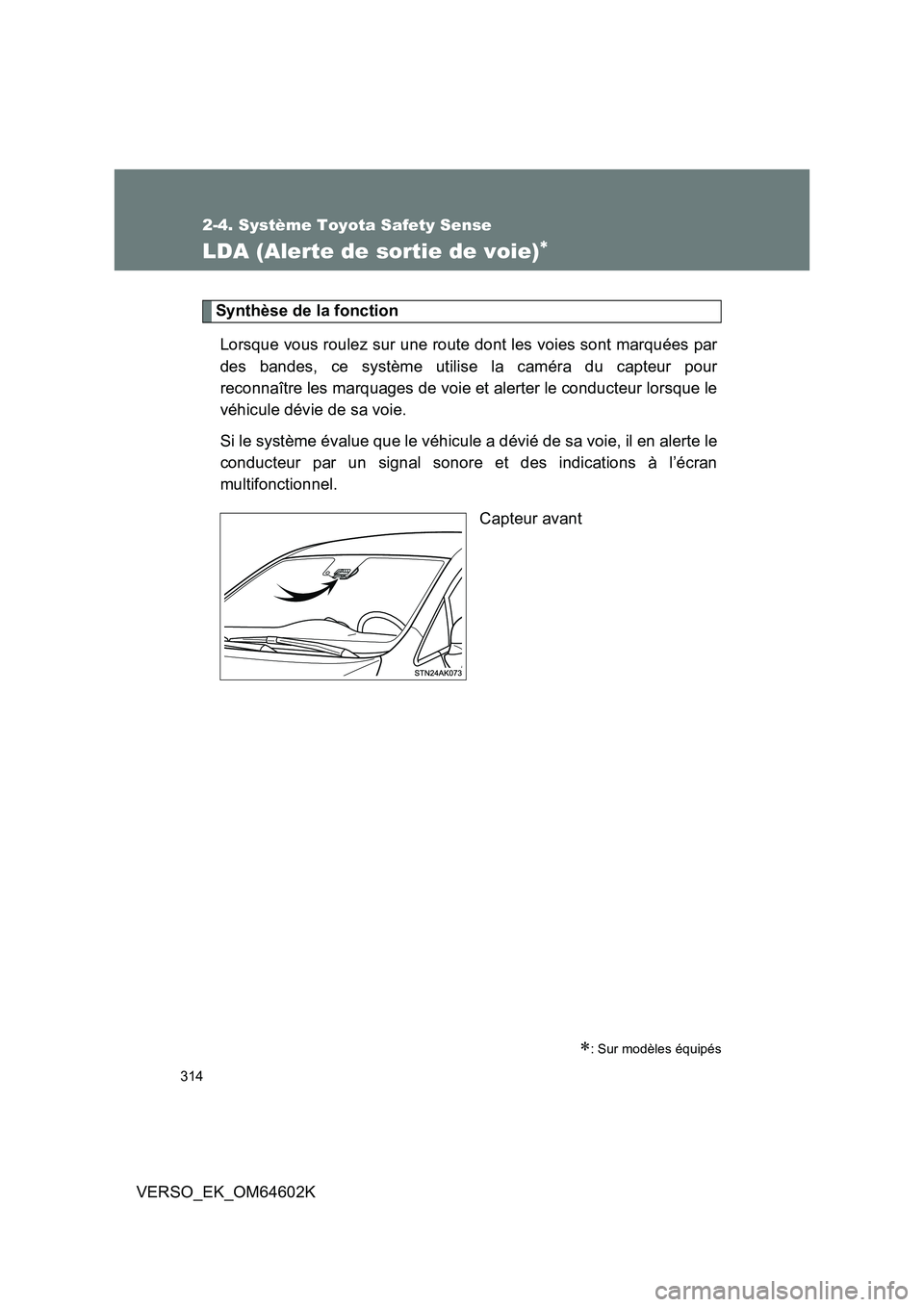 TOYOTA VERSO 2017  Manuel du propriétaire (in French) 314
2-4. Système Toyota Safety Sense
VERSO_EK_OM64602K
LDA (Alerte de sortie de voie)
Synthèse de la fonction 
Lorsque vous roulez sur une route dont les voies sont marquées par 
des bandes, ce 