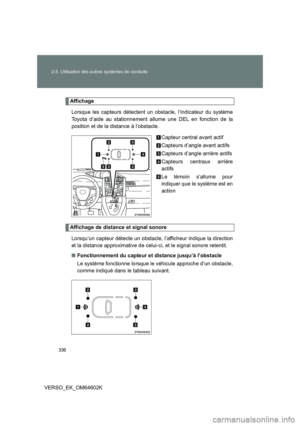 TOYOTA VERSO 2017  Manuel du propriétaire (in French) 336 
2-5. Utilisation des autres systèmes de conduite
VERSO_EK_OM64602K
Affichage 
Lorsque les capteurs détectent un obstacle, l’indicateur du système 
Toyota d’aide au stationnement allume une