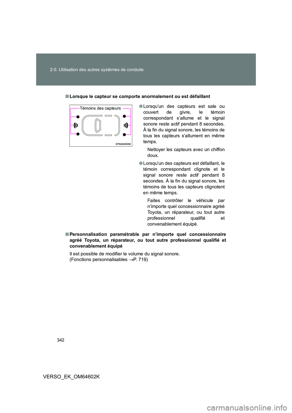 TOYOTA VERSO 2017 Manuel du propriétaire (in French) 342
2-5. Utilisation des autres systèmes de conduite
VERSO_EK_OM64602K
■ Lorsque le capteur se comporte anormalement ou est défaillant
■ Personnalisation paramétrable par n’importe quel con TOYOTA VERSO 2017 Manuel du propriétaire (in French) 342
2-5. Utilisation des autres systèmes de conduite
VERSO_EK_OM64602K
■ Lorsque le capteur se comporte anormalement ou est défaillant
■ Personnalisation paramétrable par n’importe quel con