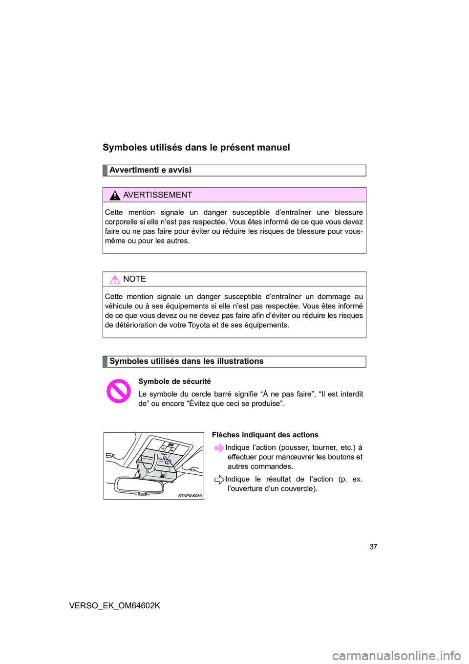 TOYOTA VERSO 2017 Manuel du propriétaire (in French) 37
VERSO_EK_OM64602K
Symboles utilisés dans le présent manuel
Avvertimenti e avvisi
Symboles utilisés dans les illustrations
AVERTISSEMENT
Cette mention signale un danger susceptible d’entraîner TOYOTA VERSO 2017 Manuel du propriétaire (in French) 37
VERSO_EK_OM64602K
Symboles utilisés dans le présent manuel
Avvertimenti e avvisi
Symboles utilisés dans les illustrations
AVERTISSEMENT
Cette mention signale un danger susceptible d’entraîner