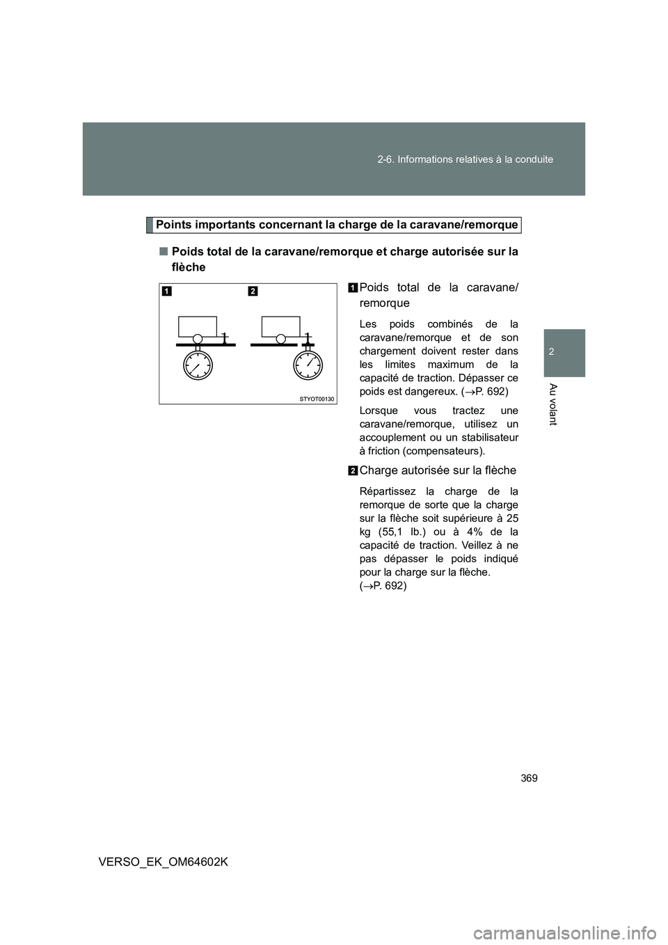 TOYOTA VERSO 2017  Manuel du propriétaire (in French) 369 
2-6. Informations relatives à la conduite
2
Au volant
VERSO_EK_OM64602K
Points importants concernant la charge de la caravane/remorque 
■ Poids total de la caravane/remorque et charge autoris