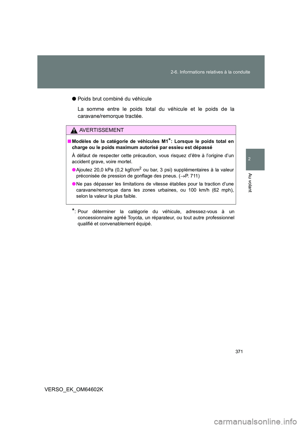 TOYOTA VERSO 2017 Manuel du propriétaire (in French) 371
2-6. Informations relatives à la conduite
2
Au volant
VERSO_EK_OM64602K
● Poids brut combiné du véhicule
La somme entre le poids total du véhicule et le poids de la
caravane/remorque tra TOYOTA VERSO 2017 Manuel du propriétaire (in French) 371
2-6. Informations relatives à la conduite
2
Au volant
VERSO_EK_OM64602K
● Poids brut combiné du véhicule
La somme entre le poids total du véhicule et le poids de la
caravane/remorque tra