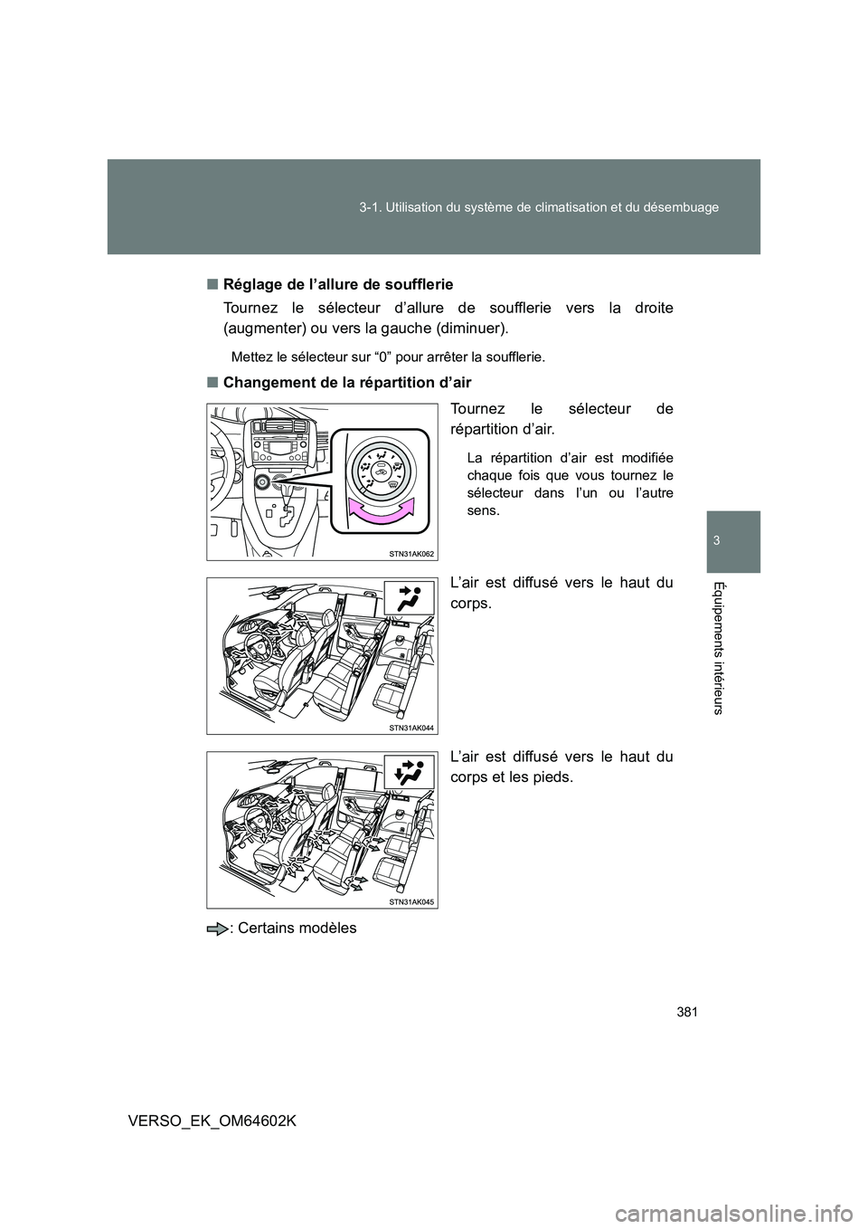 TOYOTA VERSO 2017  Manuel du propriétaire (in French) 381 
3-1. Utilisation du système de climatisation et du désembuage
3
Équipements intérieurs
VERSO_EK_OM64602K 
■ Réglage de l’allure de soufflerie 
Tournez le sélecteur d’allure de souffle