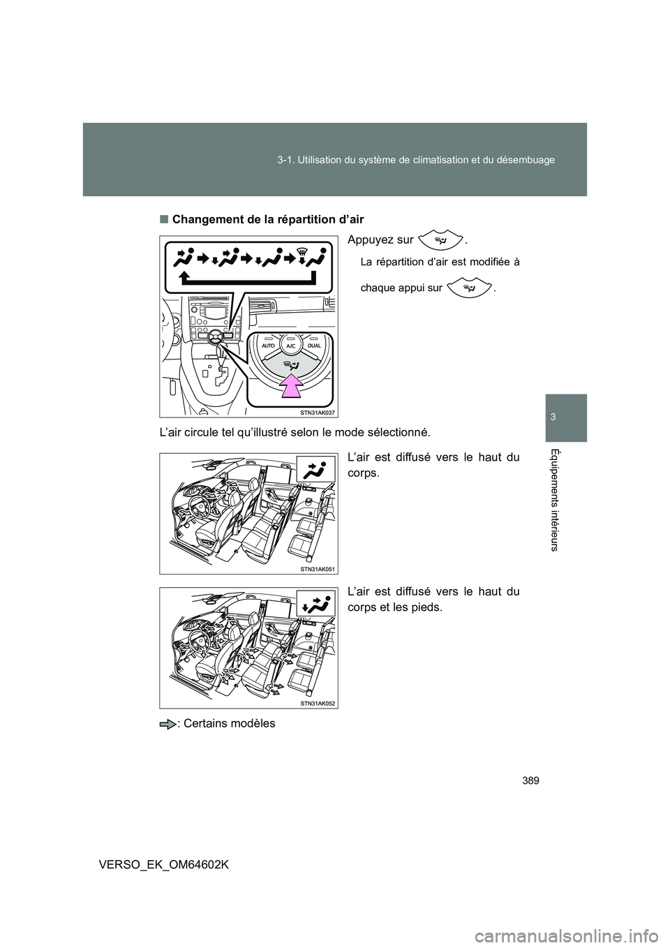 TOYOTA VERSO 2017  Manuel du propriétaire (in French) 389 
3-1. Utilisation du système de climatisation et du désembuage
3
Équipements intérieurs
VERSO_EK_OM64602K 
■ Changement de la répartition d’air 
Appuyez sur  .
La répartition d’air est