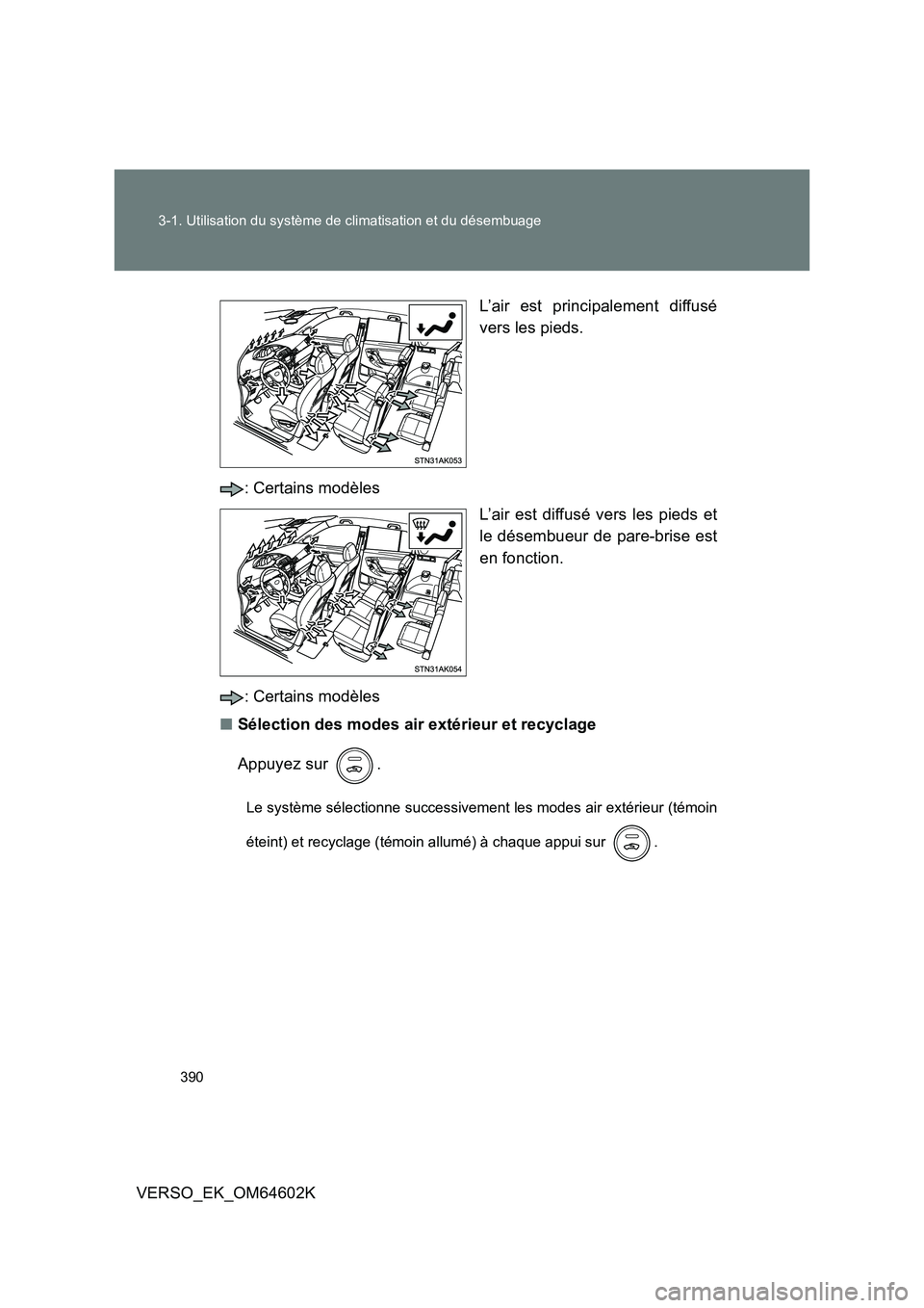 TOYOTA VERSO 2017  Manuel du propriétaire (in French) 390 
3-1. Utilisation du système de climatisation et du désembuage
VERSO_EK_OM64602K 
L’air est principalement diffusé 
vers les pieds. 
: Certains modèles 
L’air est diffusé vers les pieds e